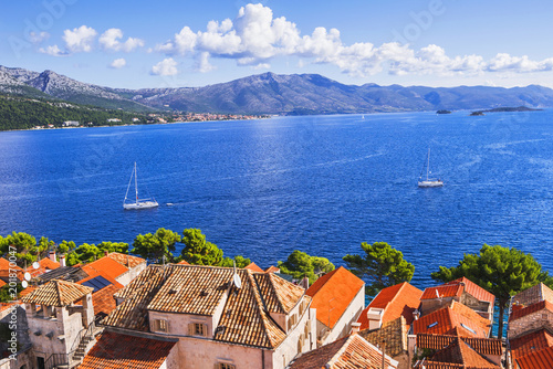 Panoramic view of a beautiful bay in Croatia. Korcula island, Dalmatia region. Famous Croatian tourist destination, travel and active lifestyle concept. 