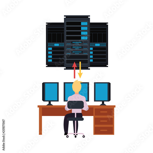 Server room and it engineer working pc illustration with data center storage and young system administrator connecting network. Telecommunication and computer service flat isolated vector.