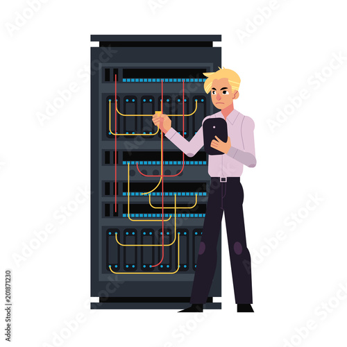 Server room illustration with data center and young system administrator with tablet connecting cables and working with it technologies. Flat cartoon style vector isolated on white background.