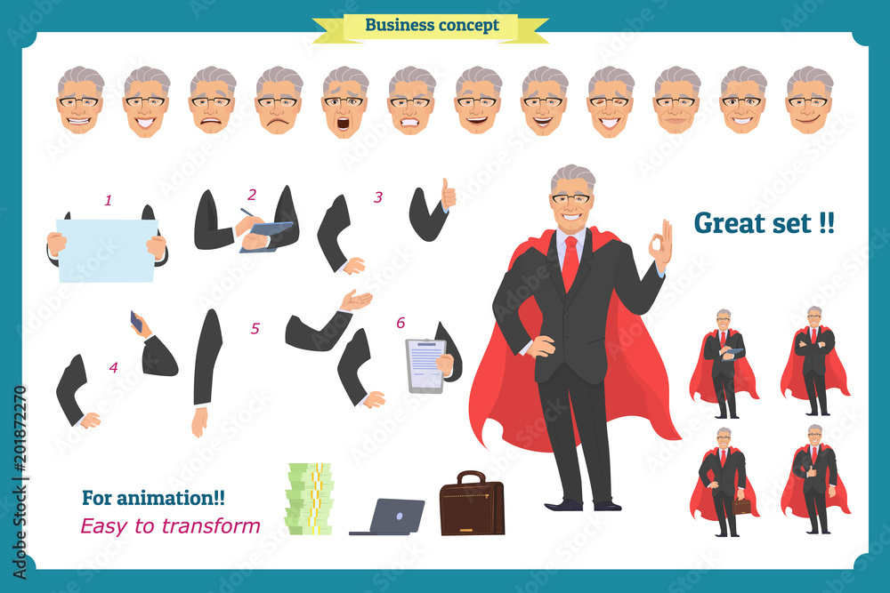 Businessman character. poses,full body, different views, emotions, body elements.Isolated vector on white.Man in business suit.Flat for animation.Business people.Man avatar expressions.Man character