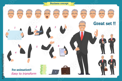 Businessman character. poses,full body, different views, emotions, body elements.Isolated vector on white.Man in business suit.Flat for animation.Business people.Man avatar expressions.Man character