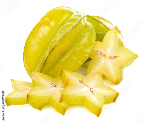 Carambola fruit with slices isolated on white background