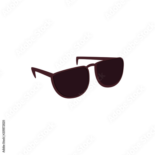 Black sunglasses with dark lens isolated on white background. Stylish summer accessory for protecting eyes from ultraviolet light. Cartoon vector illustration of classic eyewear.