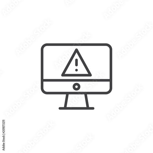 Computer screen with warning alert virus outline icon. linear style sign for mobile concept and web design. Monitor warning error cyber vulnerability simple line vector icon. Symbol, logo illustration