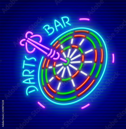 Darts bar. Neon sign for game playing place. Icon entertainment photo