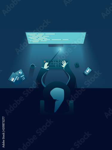IT programmer as genius or wizard sitting behind computer. IT recruitment poster template for hiring IT developers, engineers, specialists.