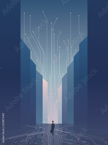 Smart city vector concept background with IT specialist, developer, programmer. Recruitment poster template with skyscrapers skyline with digital technology background.