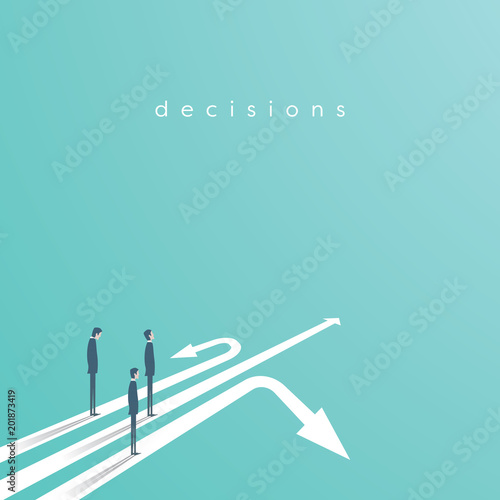 Business concept of decision and competition. Businessman standing on different arrows - symbol of decision, choice, career opportunities.