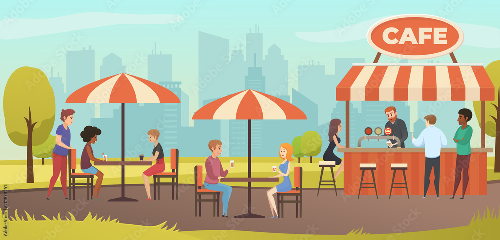 Fototapeta premium People Drink Coffe in Outdoor Vector Street Cafe