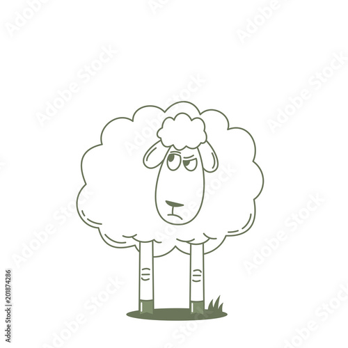 Mistrustful sheep looking at someone. Outlined vector illustration.