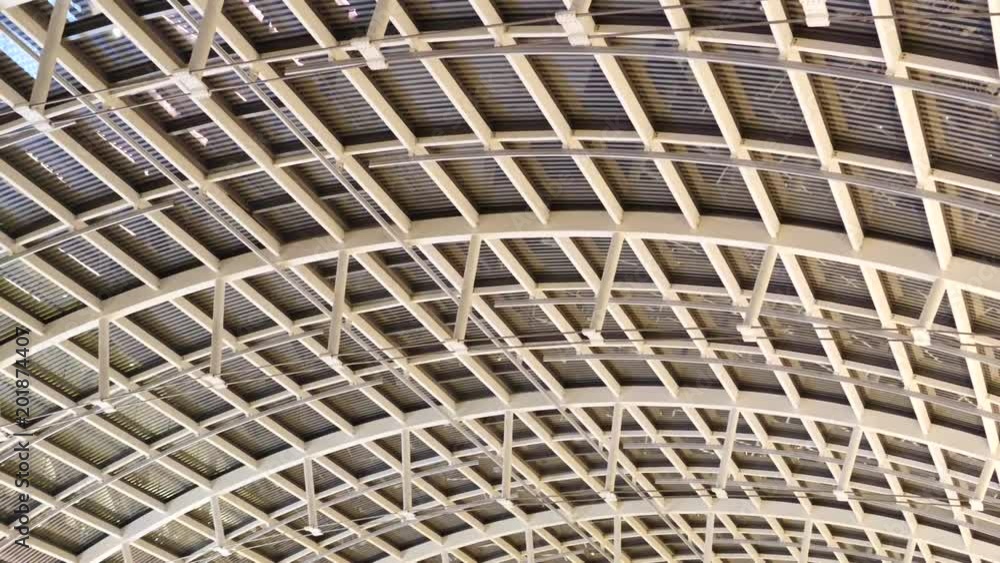 Bottom view of steel ceiling of large modern industrial building - video in slow motion Bottom view of steel ceiling of large modern industrial building - video in slow motion