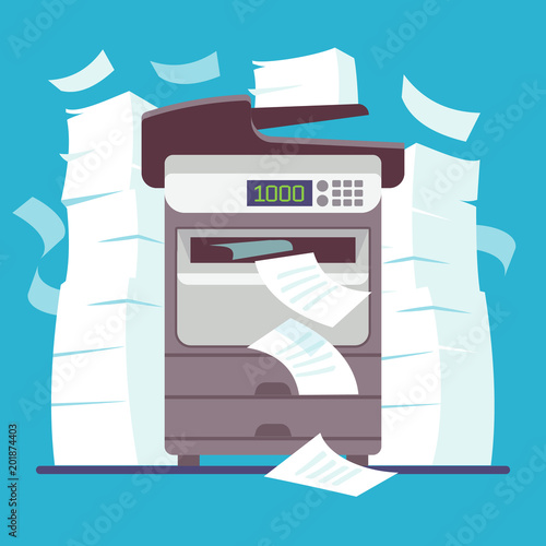 Multifunction office printer, computer scanner printing and copying paper documents cartoon vector illustration
