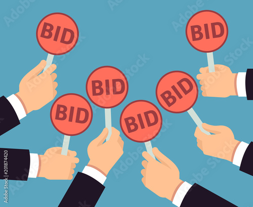 Bidder hands holding auction paddle. Buyer business vector concept