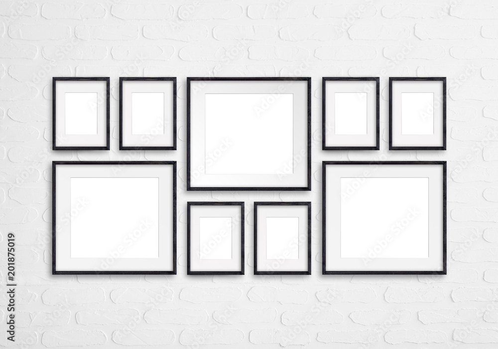 Black wooden photo frames mockup, nine pieces set collection isolated on white bricks wall , 3d illustration Black wooden photo frames mockup, nine pieces set collection isolated on white bricks wall , 3d illustration