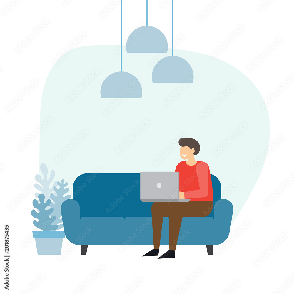 Man on the sofa with laptop. Businessman work at home.