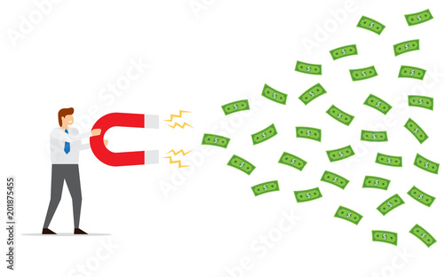 Businessman attracting money with a large magnet