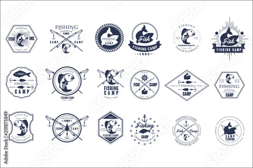 Vector set of vintage fishing camp logo or tournament emblem templates. Original monochrome labels with fishes and fish-rods. Active recreation