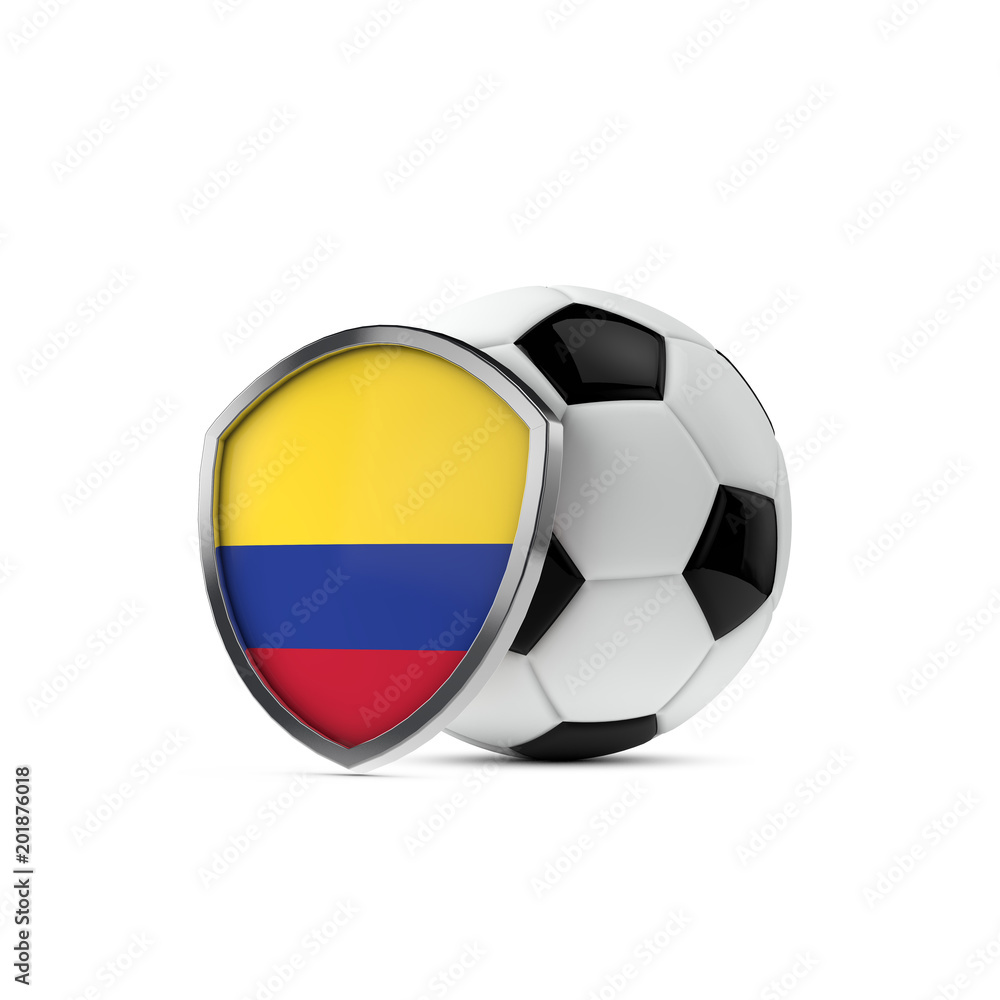 Colombia national flag shield with a soccer ball. 3D Rendering Colombia national flag shield with a soccer ball. 3D Rendering