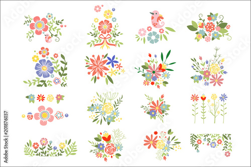Flat vector set of colorful floral compositions. Blooming spring flowers. Colorful plants. Botanical theme
