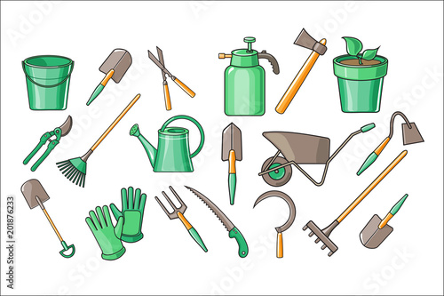 Vector set of garden accessories for cultivating plants, pruning, digging, watering and loosening the earth. Line art with colorful fill