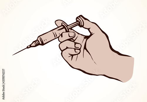 Syringe in hand. Vector drawing