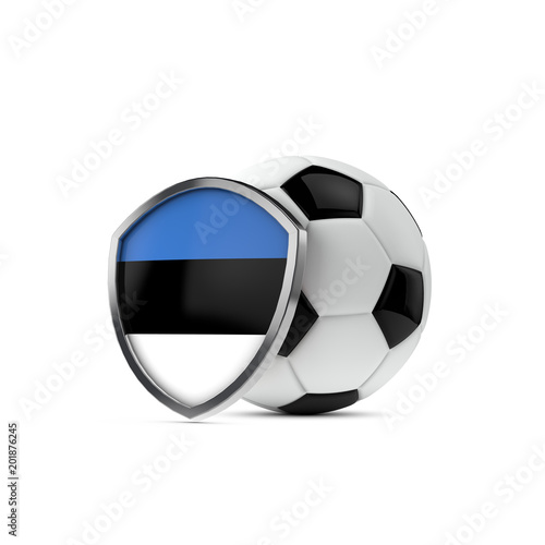 Estonia national flag shield with a soccer ball. 3D Rendering