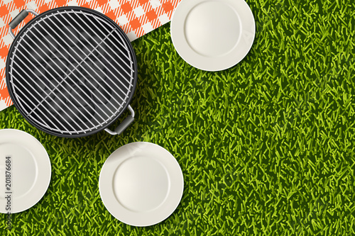 Bbq picnic in park banner, poster design. Vector realistic 3d illustration of barbecue grill, plate on green grass lawn.