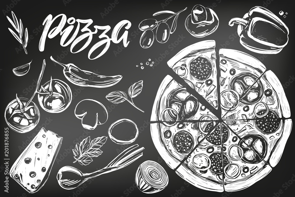Fototapeta Włoska pizza, kolekcja pizzy ze składnikami, logo, ręcznie rysowane wektor ilustracja realistyczne szkic, rysowane kredą na czarnej tablicy