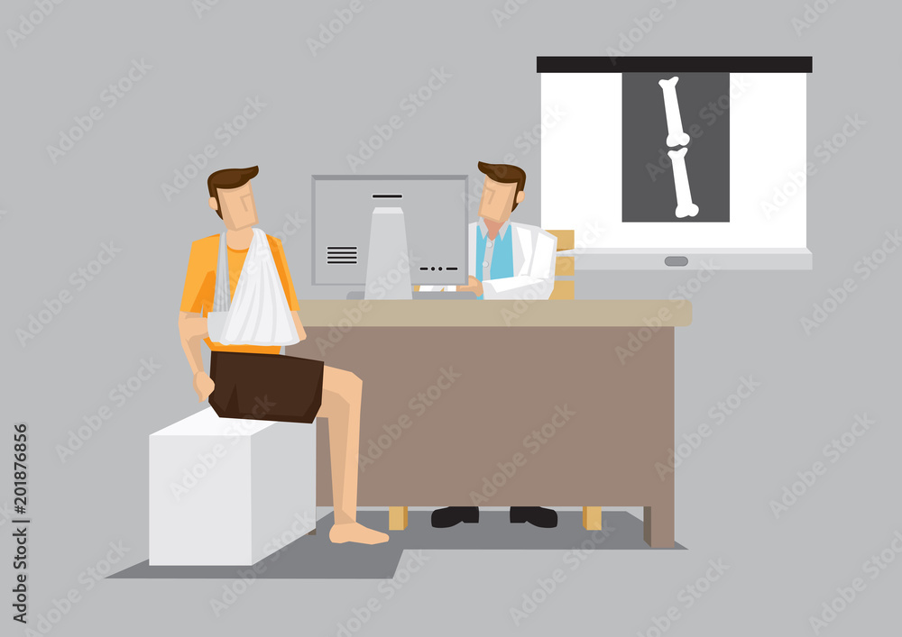 Patient with Arm in Sling Consultation with Orthopedist Cartoon Vector Illustration Patient with Arm in Sling Consultation with Orthopedist Cartoon Vector Illustration