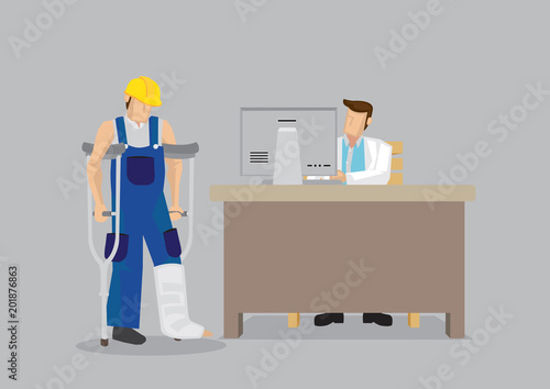 Injured Worker Seek Medical Treatment at Doctor's Office Cartoon Vector Illustration