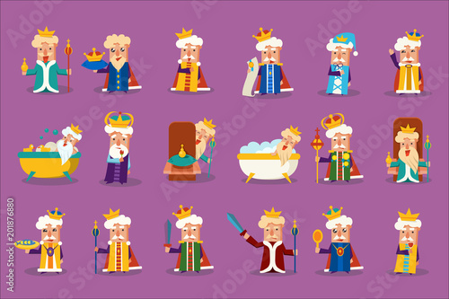 Funny king character posing in different situations set, old imperior showing various emotions vector Illustrations photo