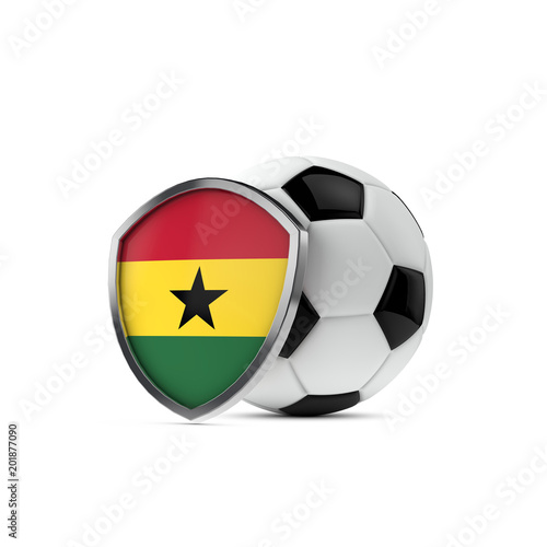 Ghana national flag shield with a soccer ball. 3D Rendering