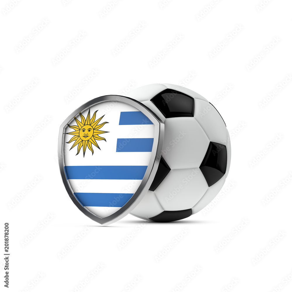 Obraz premium Uruguay national flag shield with a soccer ball. 3D Rendering
