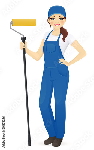 Woman painter standing with roll vector illustration