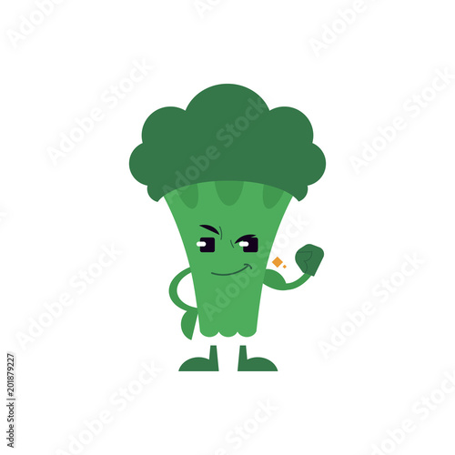 Green broccoli shows his big biceps isolated on white background. Fresh strong useful vegetable is always ready to protect human health. Healthy diet and lifestyle concept vector illustration.