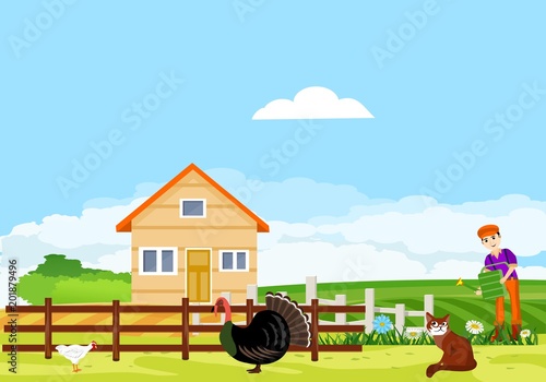 Countryside scene, farmland, farmer in house, livestock birds green fields, meadows, village scene, summer time vector landscape