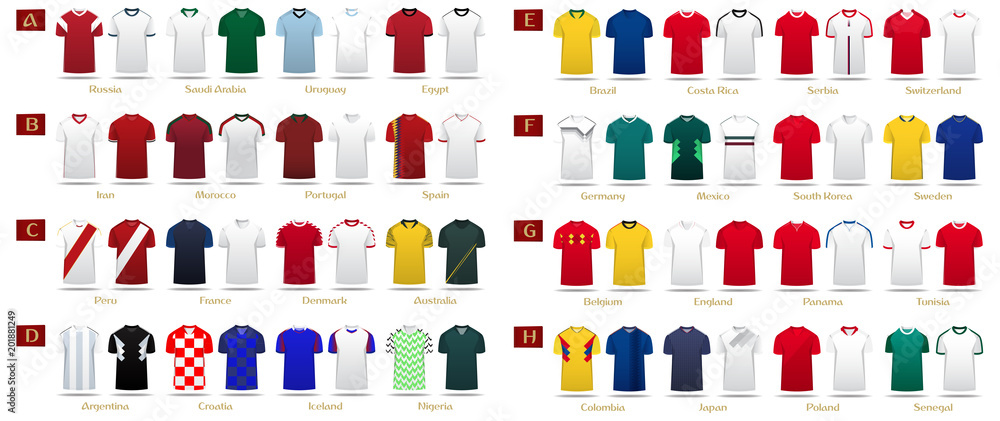 Soccer kit or football jersey template design for national football team.  Home and Away soccer uniform in front view mock up. Football t-shirt for  world soccer tournament. Vector Illustration. Stock Vector