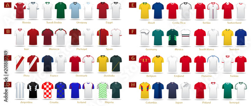 Soccer kit or football jersey template design for national football team. Home and Away soccer uniform in front view mock up. Football t-shirt for world soccer tournament. Vector Illustration.