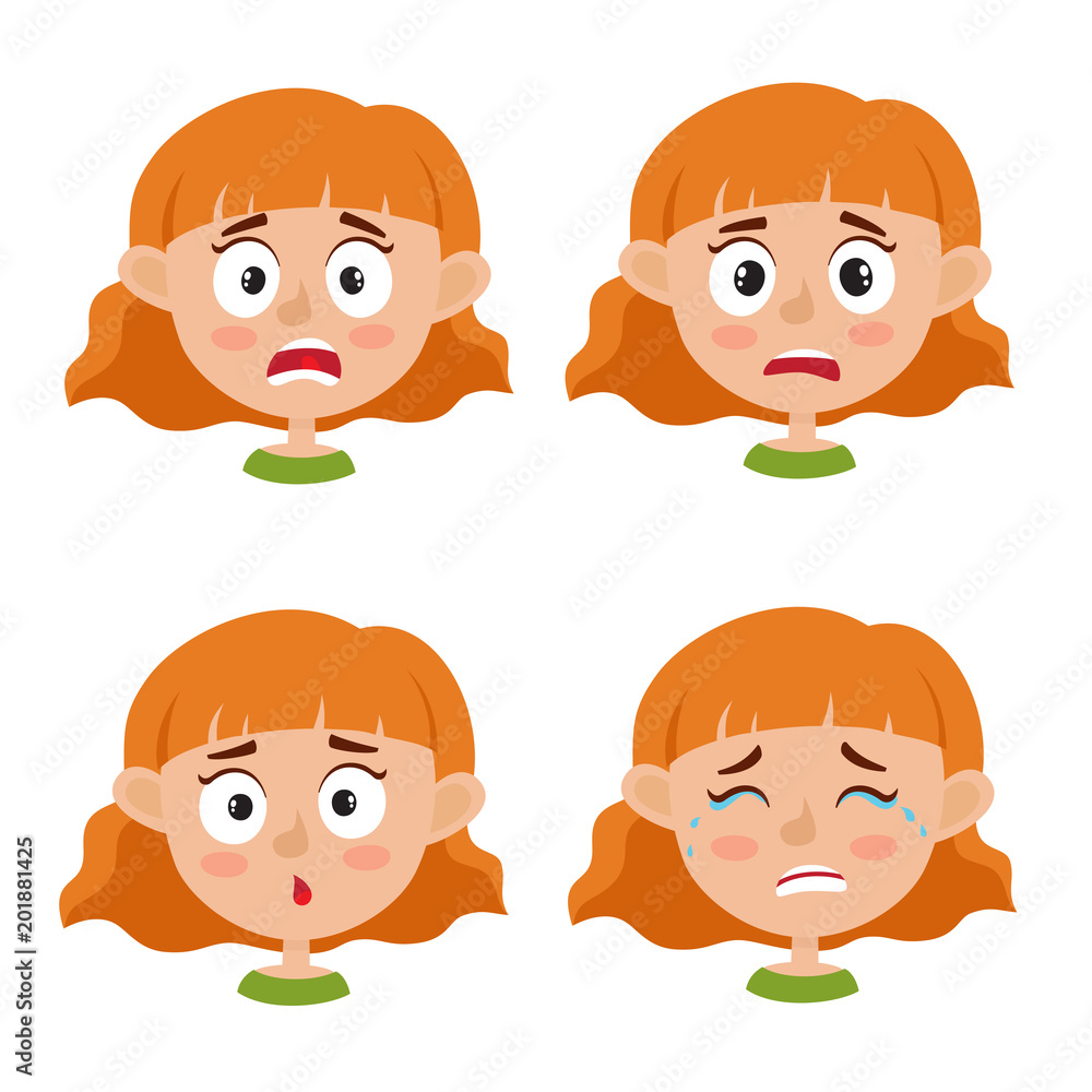 Set of red-haired girl scared face expression isolated on white