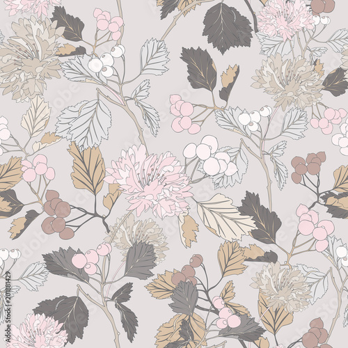 Monochrome Retro Botanical Seamless Vintage Flower Pattern Vector Background Textile Art