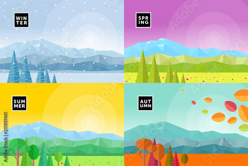 set of vectorial flat illustrations of seasons, mountain landscapes of winter, spring, autumn and summer, abstract backgrounds from geometric figures and triangles
