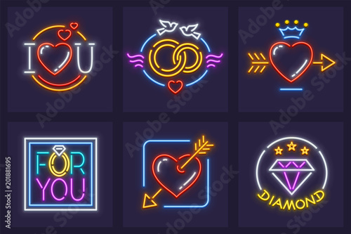 Set of icons for wedding and marriage neon signs with heart love