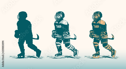 Little boy hockey player. Retro Engraving Linocut Style. Vector Illustration.