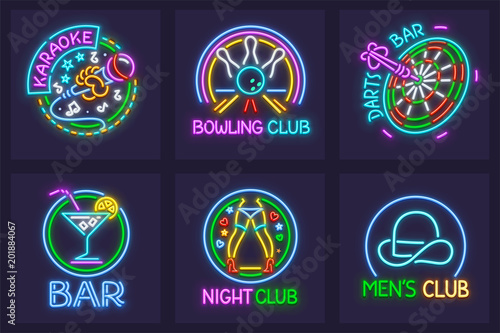 Set of neon signs for nighttime entertainment facilities.