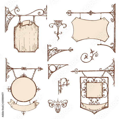 Vector hand drawn collection of vintage signboards, bracket and 