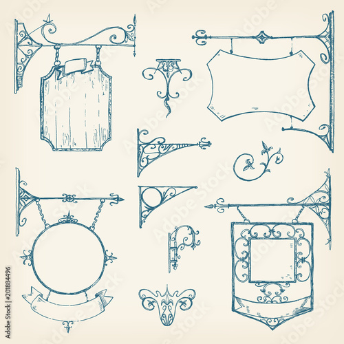 Vector hand drawn collection of vintage signboards, bracket and 