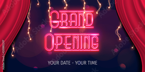 Grand opening invitation concept. Celebration design. Gold glitter letters on abstract background with light effect and bokeh. Grand opening invitation with neon style.