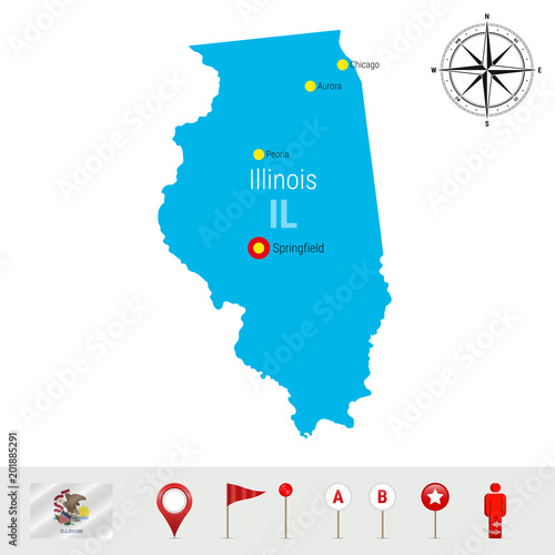 Illinois Vector Map Isolated on White Background. High Detailed Silhouette of Illinois State. Official Flag of Illinois