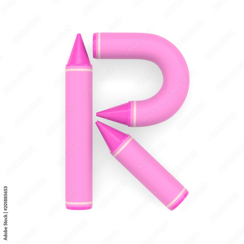 Pink wax crayon capital letter R, white background, 3D rendered font image Pink wax crayon capital letter R, white background, 3D rendered font image