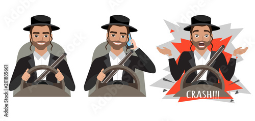 Jew man driving a car. man driving a car talking on the phone. The man had an accident. crash